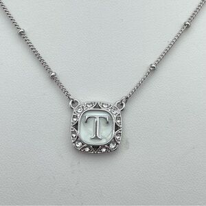 Silver Initial “T” Pendant Necklace Crystal AccentsAdjustable 17”+2” Extender